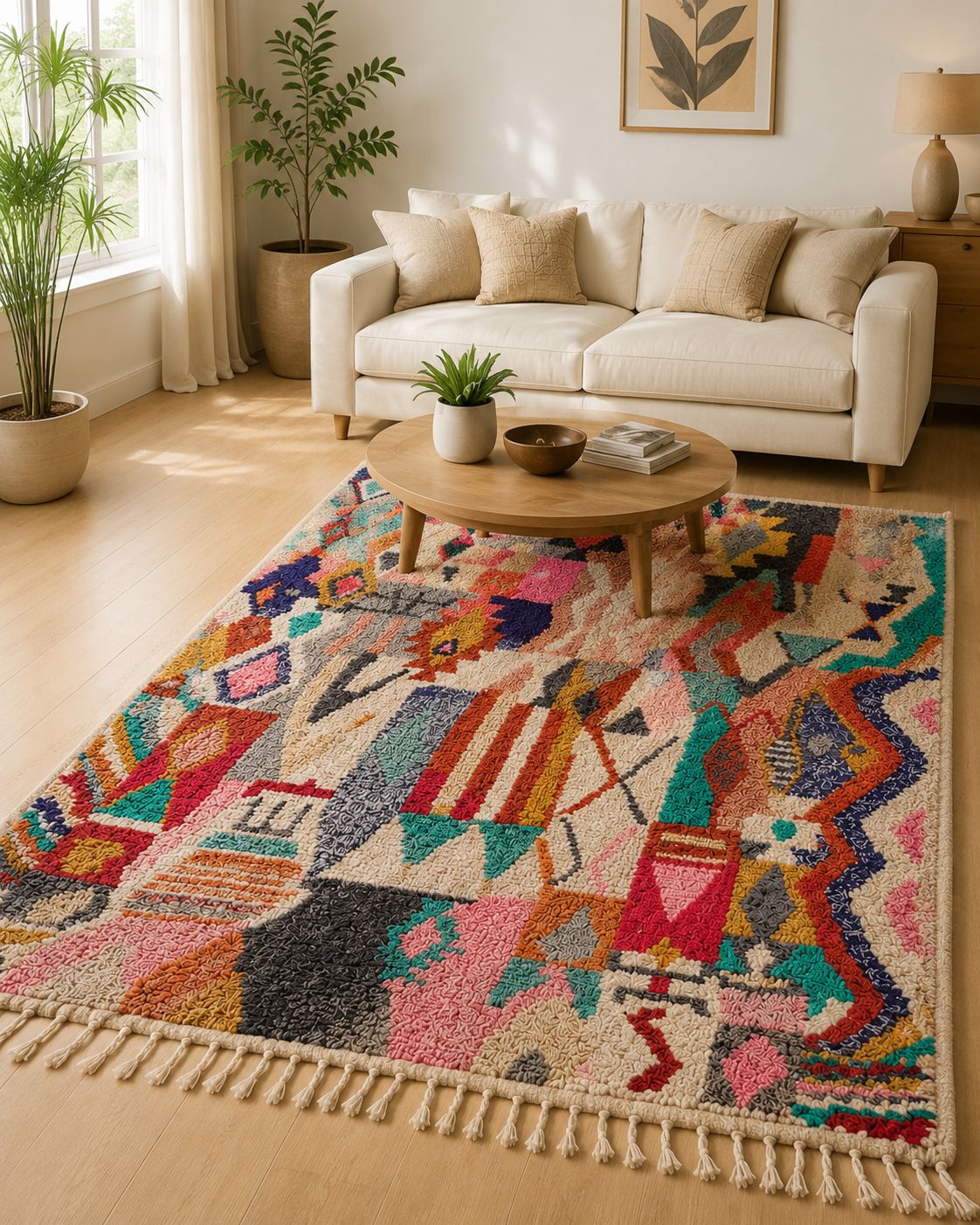 Handmade Moroccan wool rug adding vibrant artisan style to a modern living room. 