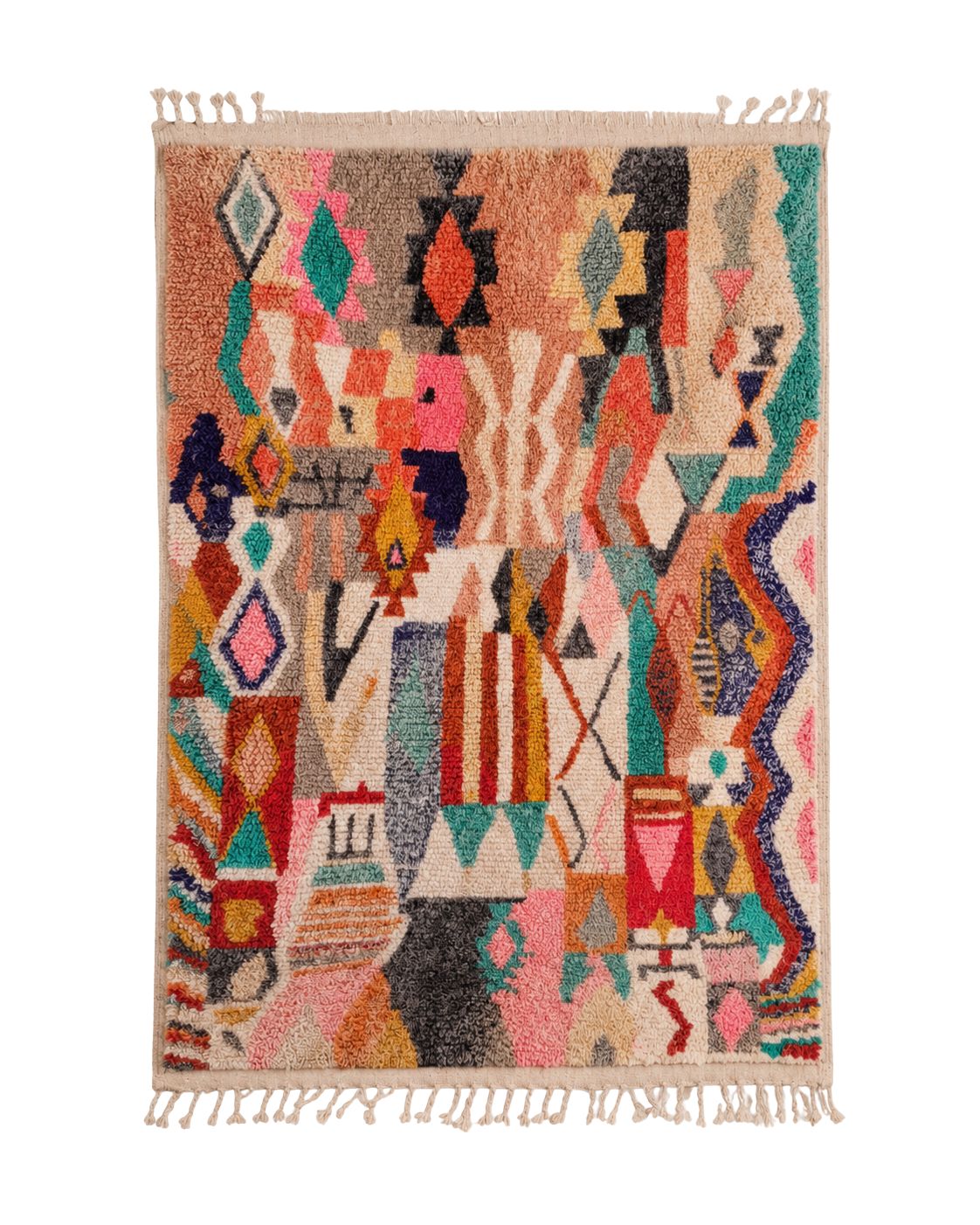 Colorful handmade Moroccan wool rug with abstract geometric design and fringe. 
