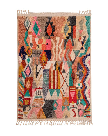 Colorful handmade Moroccan wool rug with abstract geometric design and fringe. 