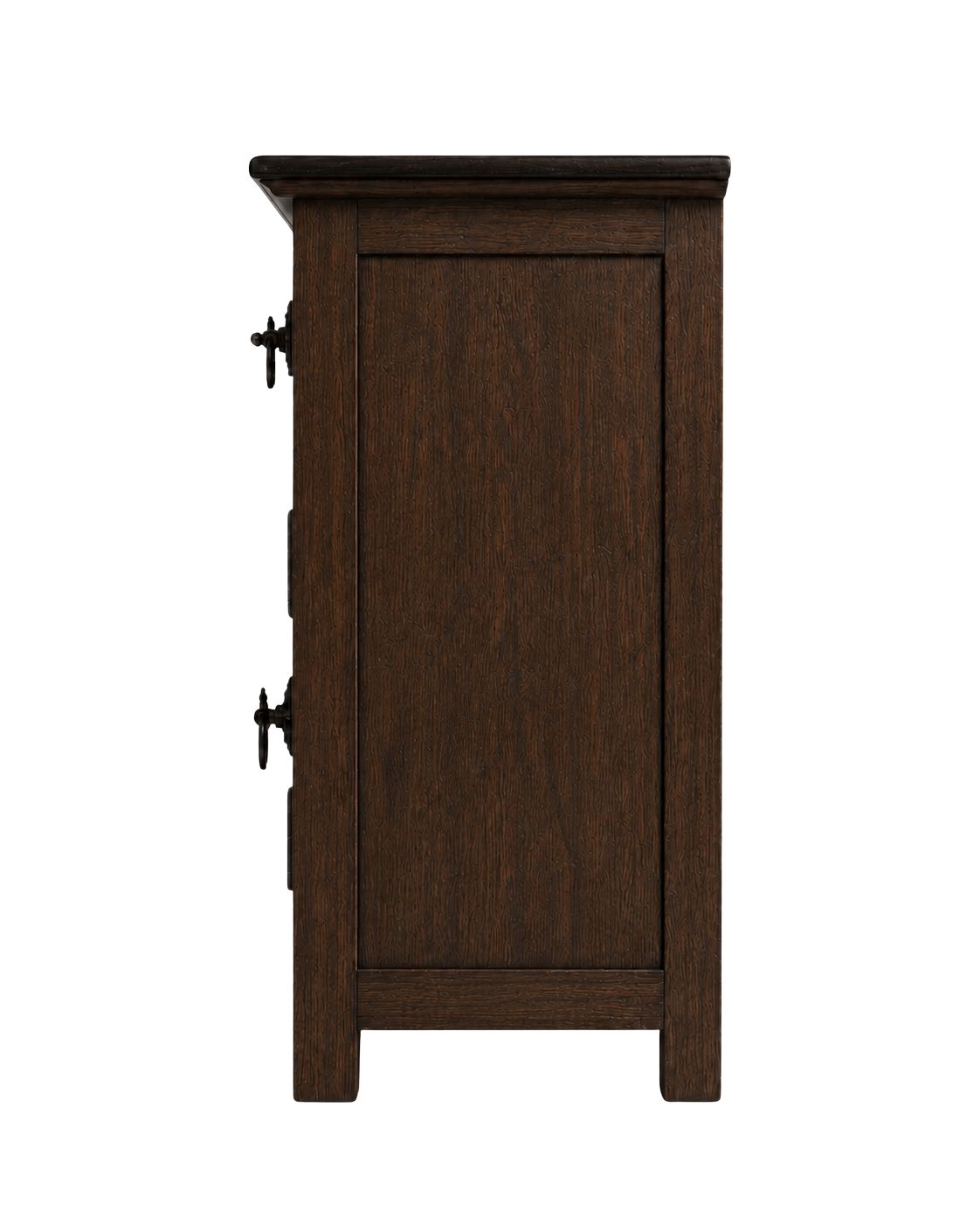 Front view of dark wooden Moroccan storage cabinet nightstand 