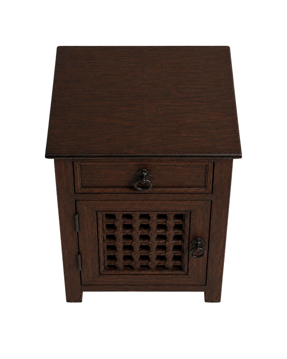 Side view of handmade dark brown wood Moroccan nightstand 