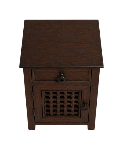 Side view of handmade dark brown wood Moroccan nightstand 