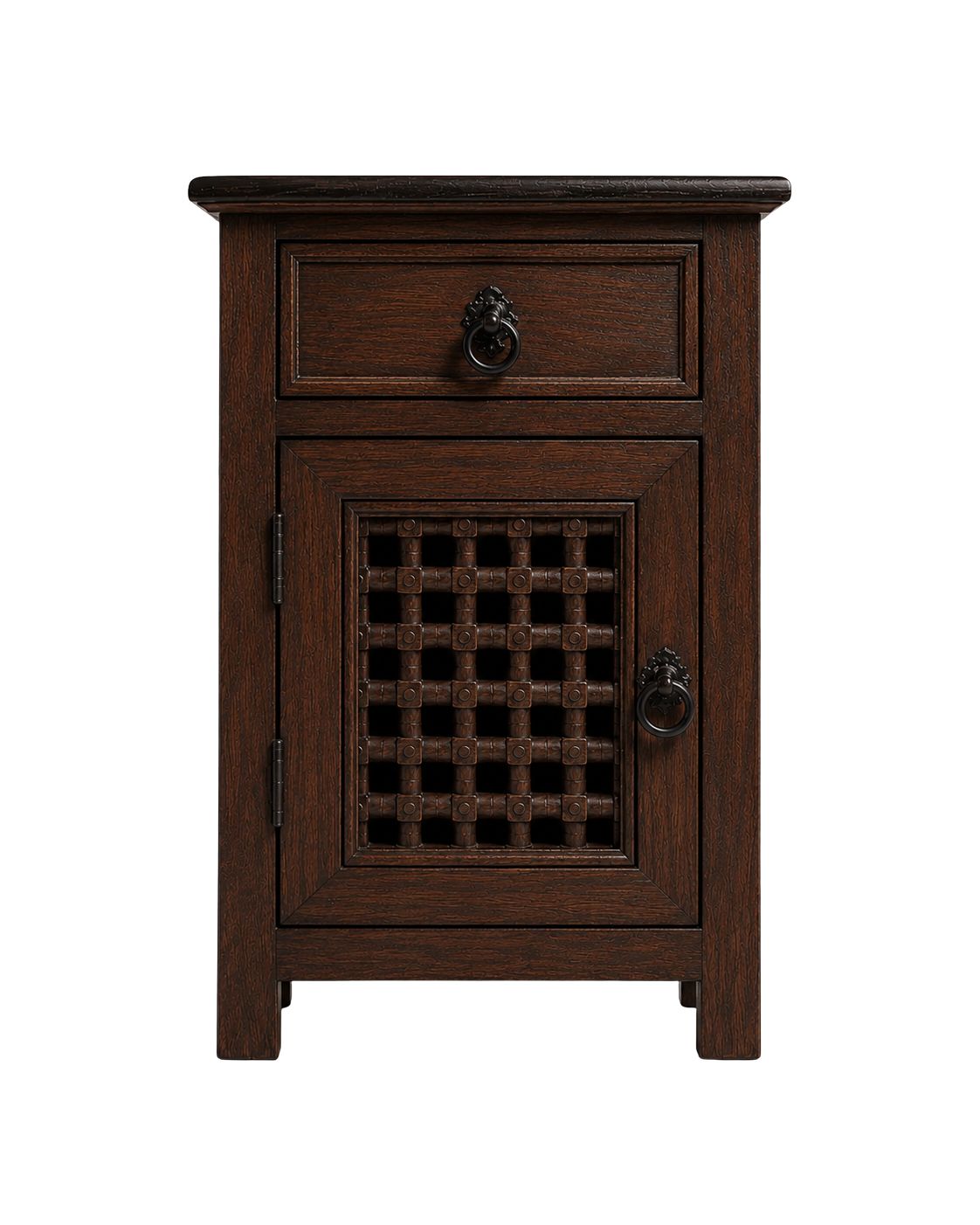 Dark Moroccan wooden nightstand with drawer and lattice cabinet door 