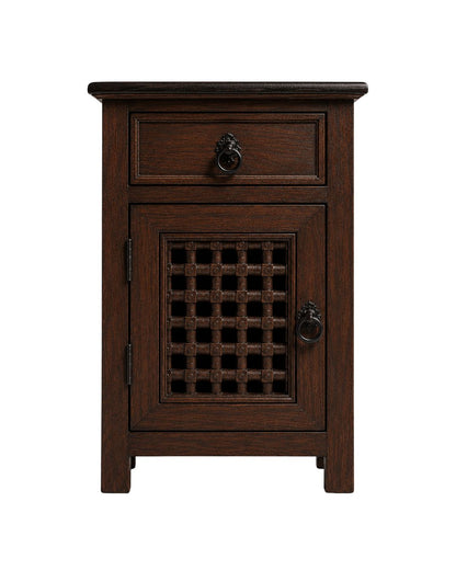 Dark Moroccan wooden nightstand with drawer and lattice cabinet door 
