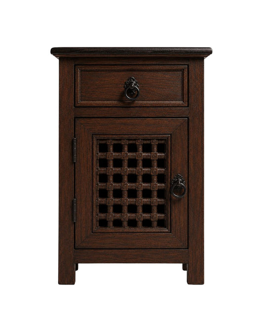 Dark Moroccan wooden nightstand with drawer and lattice cabinet door 