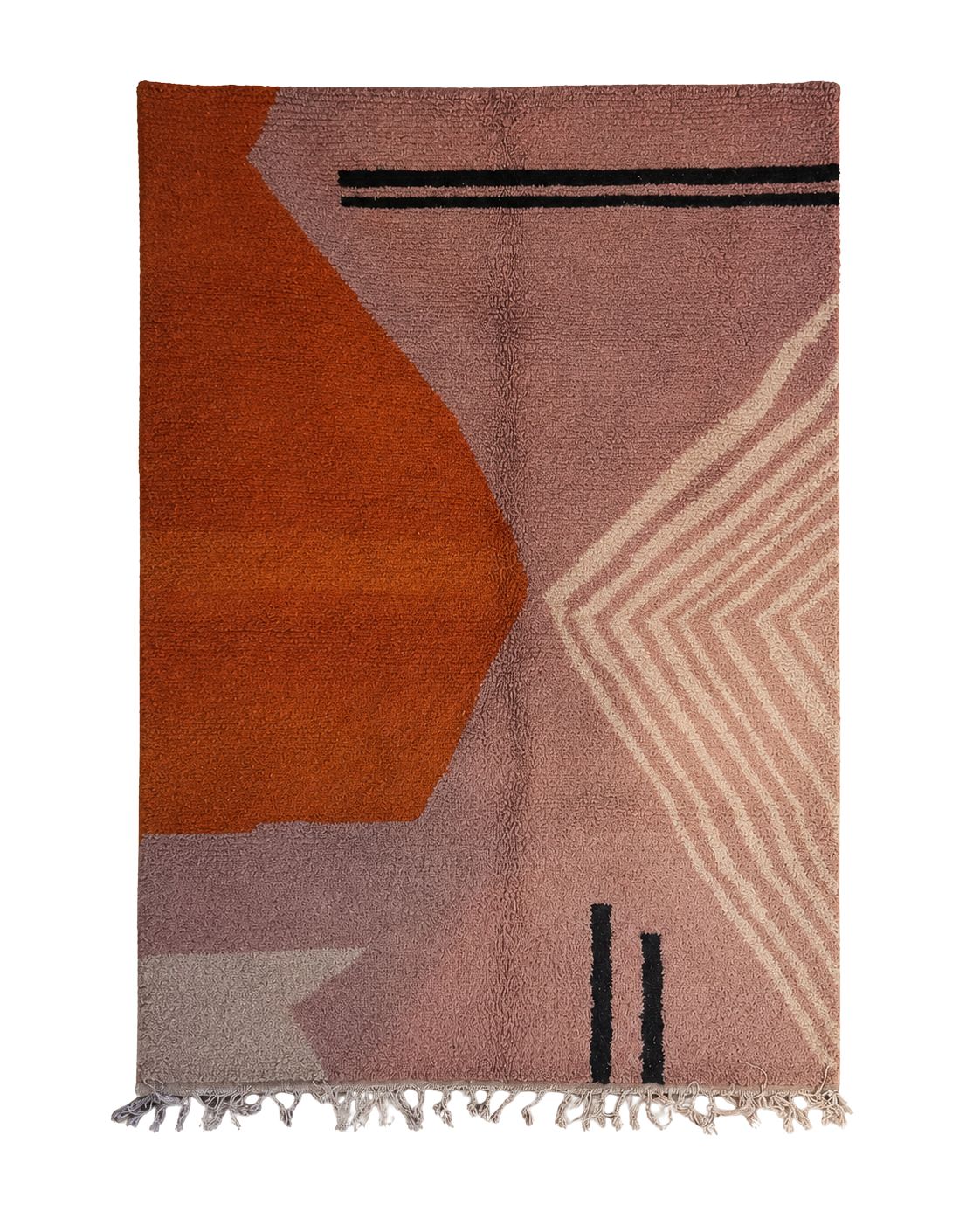 Handmade blush pink Moroccan wool rug with abstract geometric design. 