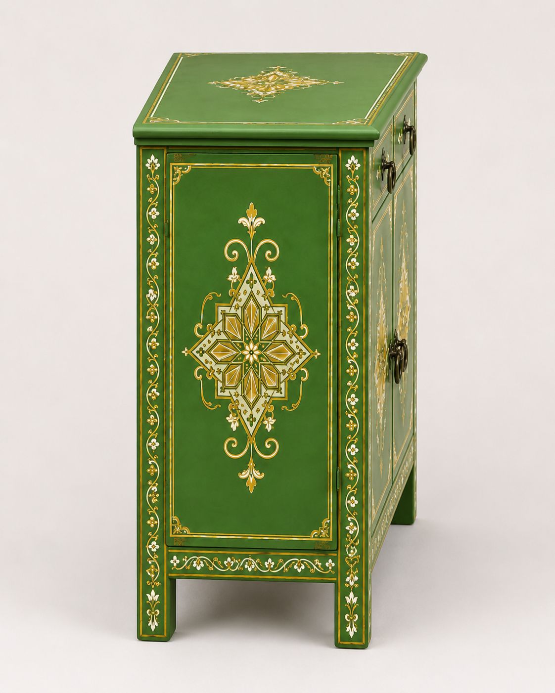 Green Moroccan accent cabinet with traditional geometric motifs