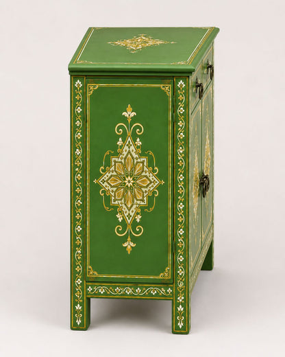 Green Moroccan accent cabinet with traditional geometric motifs