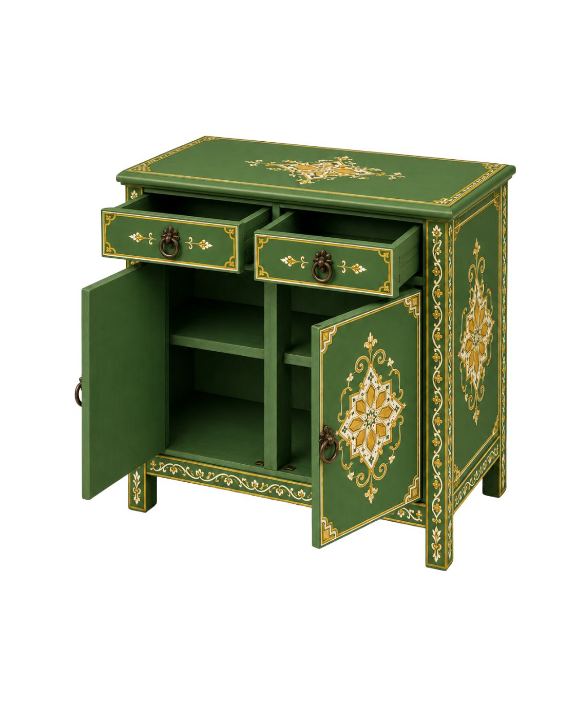 Green cabinet with floral patterns on a white background