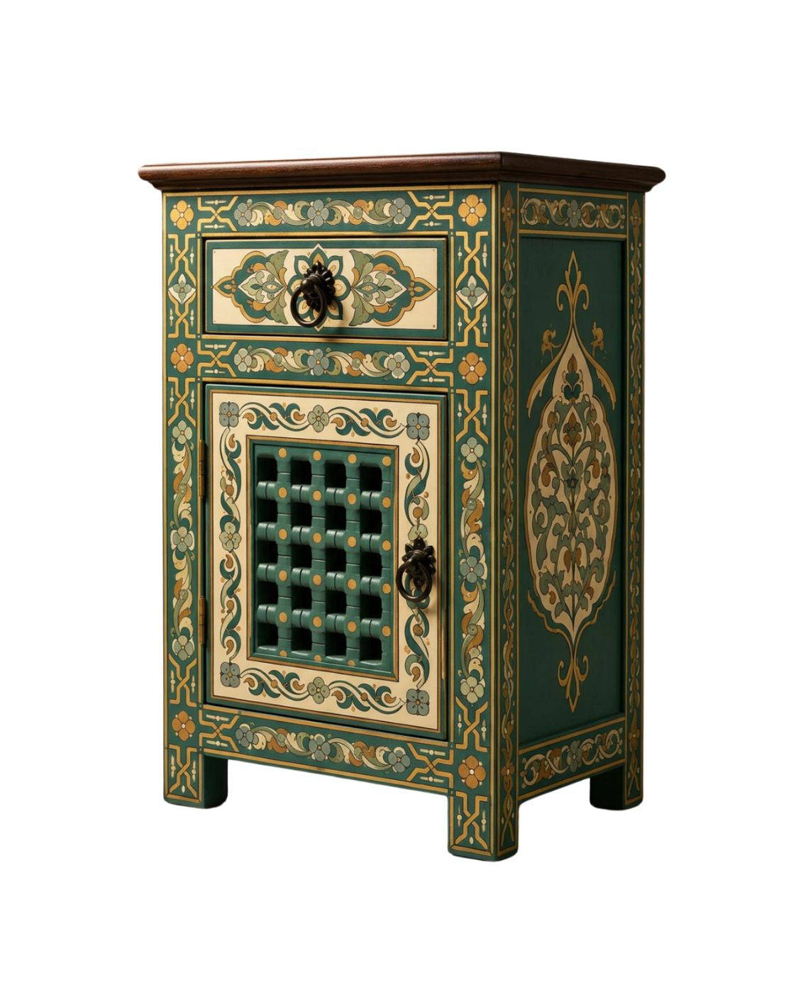 Green Moroccan side table with dark wood top and hand-painted floral patterns 