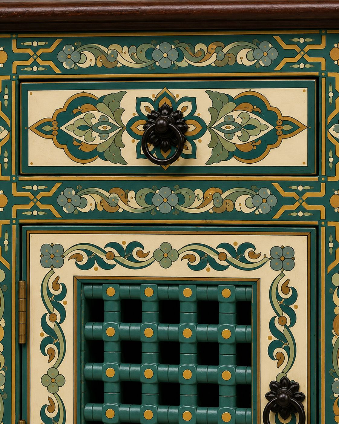 Green Moroccan hand painted nightstand with gold details and lattice door 