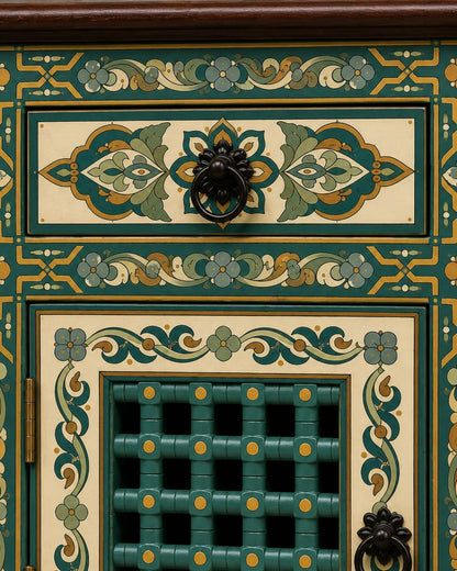 Green Moroccan hand painted nightstand with gold details and lattice door 
