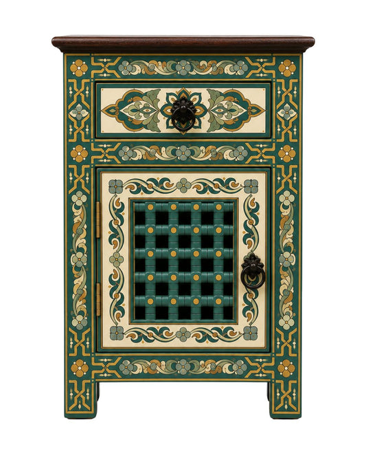 Front view of Moroccan painted nightstand with black ring pull hardware 
