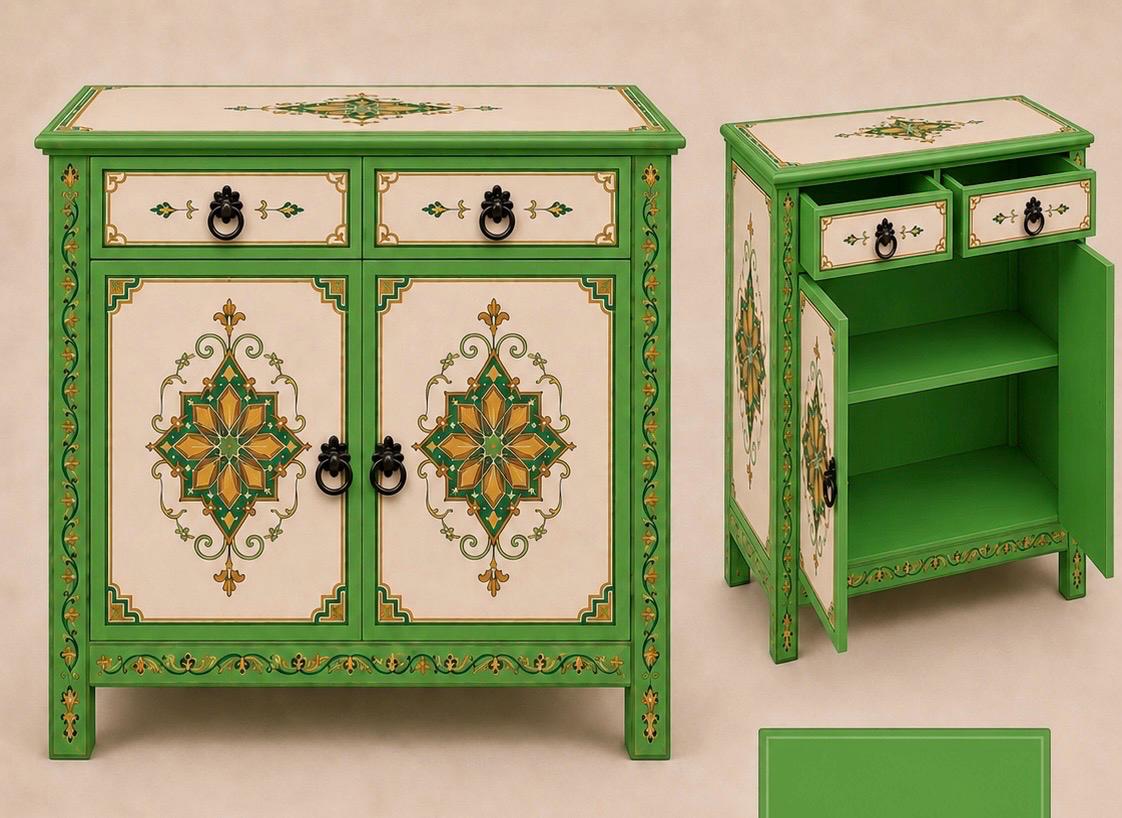 Hand-Painted Green Moroccan Sideboard with Storage