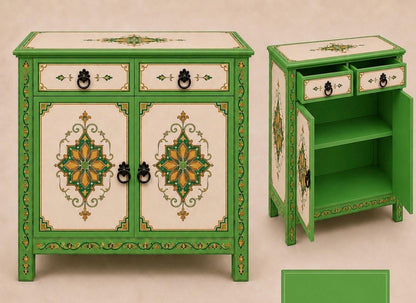 Hand-Painted Green Moroccan Sideboard with Storage