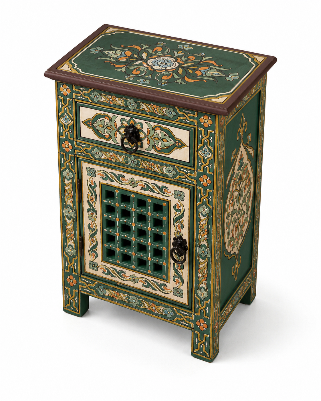 Painted floral top view of green Moroccan handmade nightstand