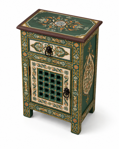 Painted floral top view of green Moroccan handmade nightstand