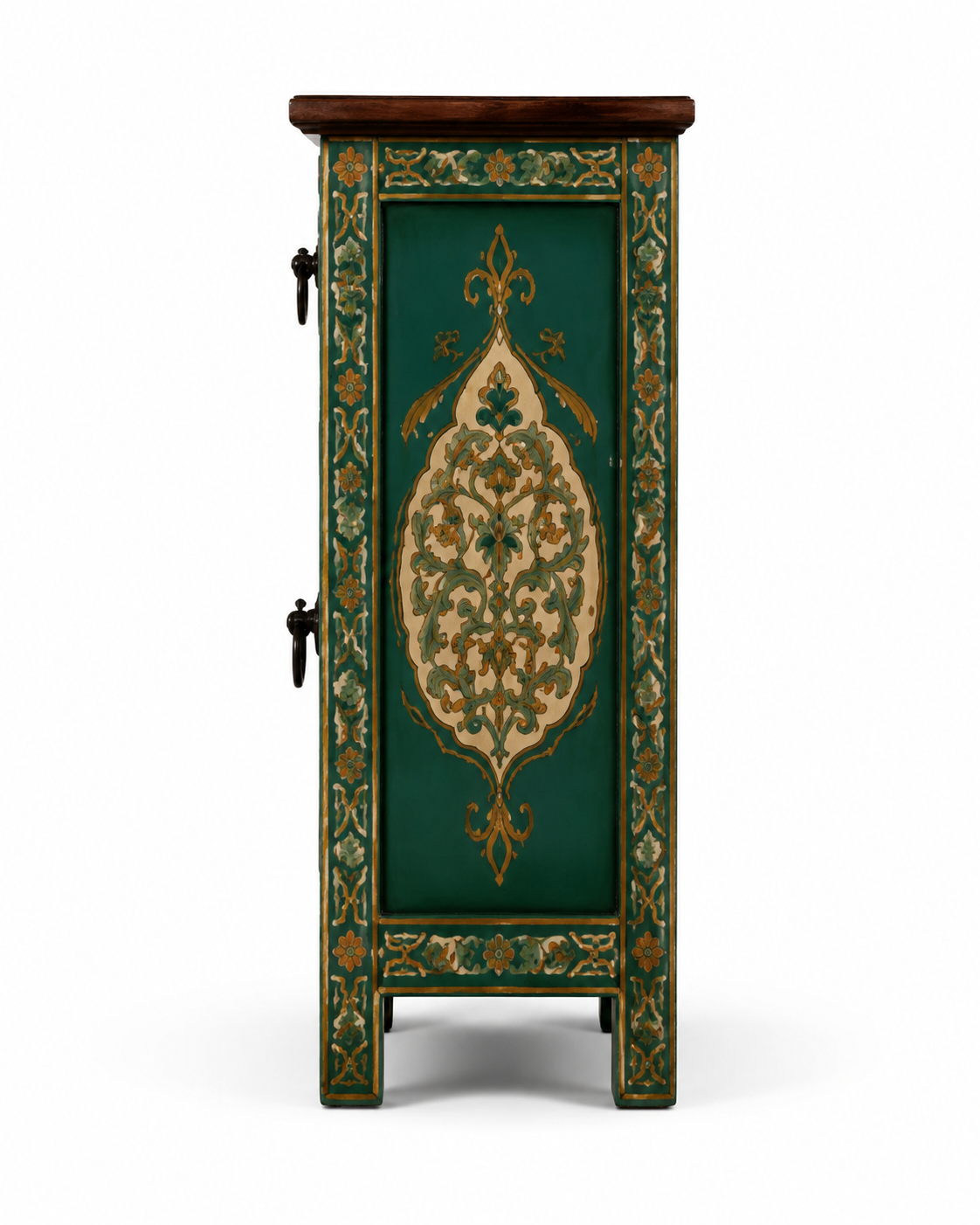 Right side view of green Moroccan hand-painted nightstand