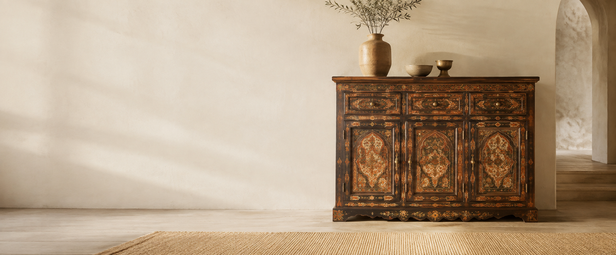 Hand-painted Moroccan wooden cabinet in a warm neutral interior