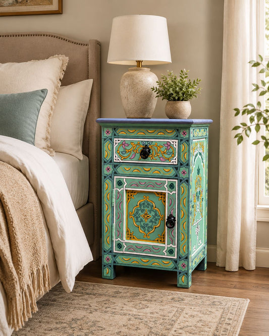 Colorful Moroccan bedside cabinet with gold and pink floral patterns 