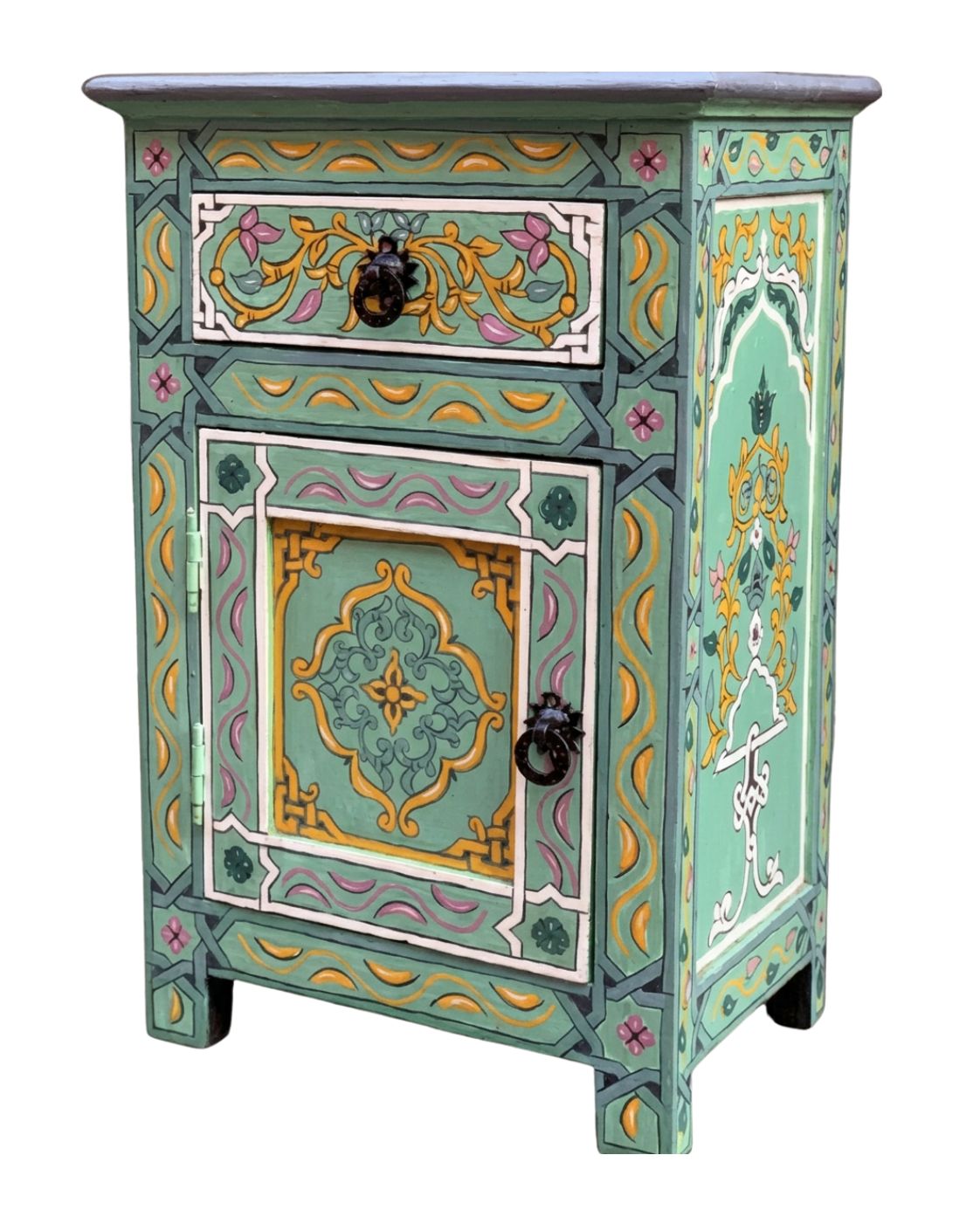 Front view of handmade mint green Moroccan nightstand 