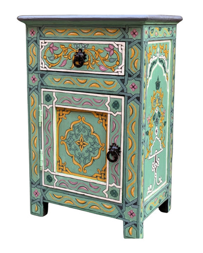Front view of handmade mint green Moroccan nightstand 