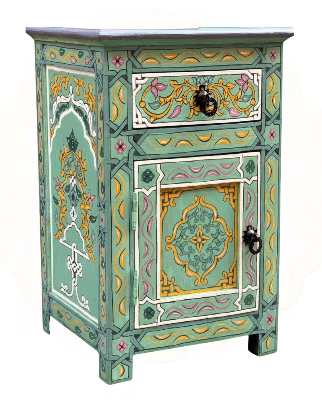 Side view of painted Moroccan cabinet with decorative artisan motifs 