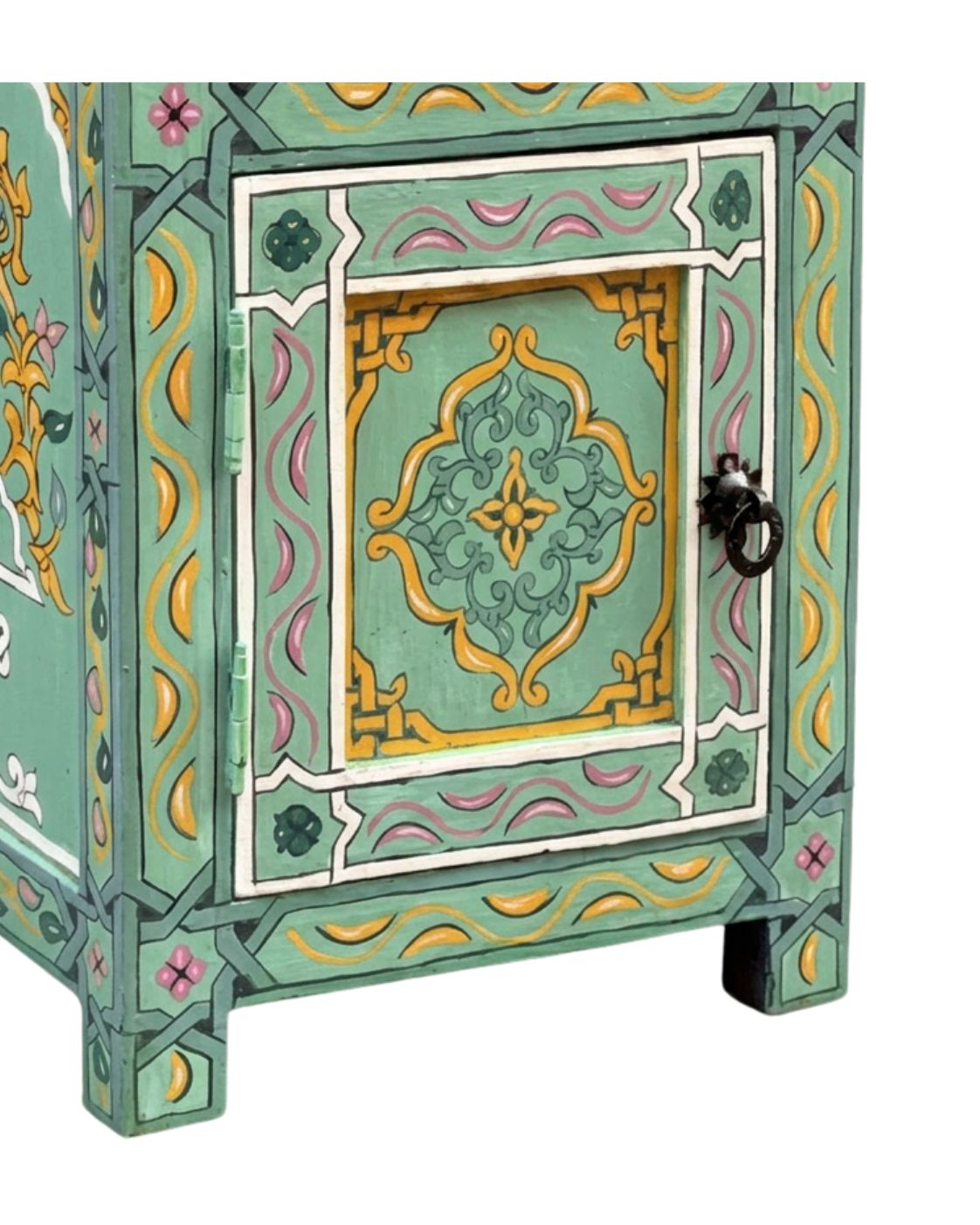 Boho mint green bedside table with traditional metal ring pulls 