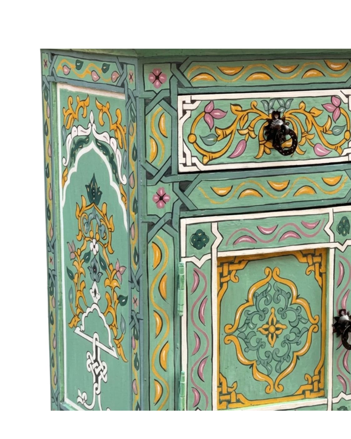 Decorative cabinet with intricate patterns and colors on a white background