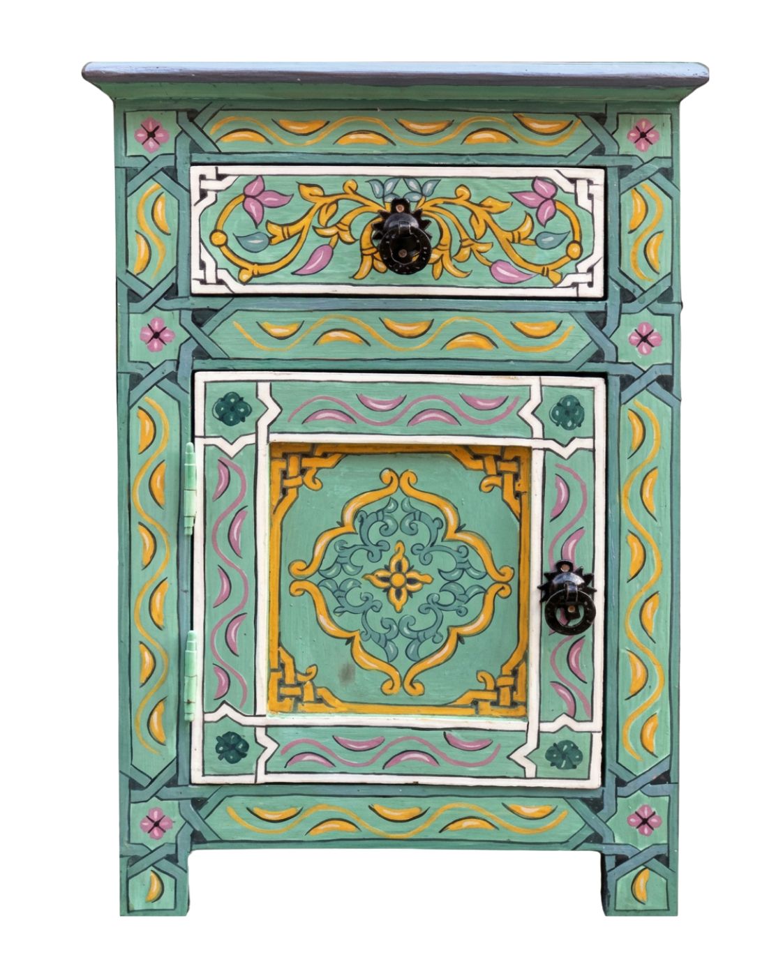 Mint green Moroccan hand-painted nightstand with drawer and cabinet 