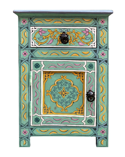 Mint green Moroccan hand-painted nightstand with drawer and cabinet 