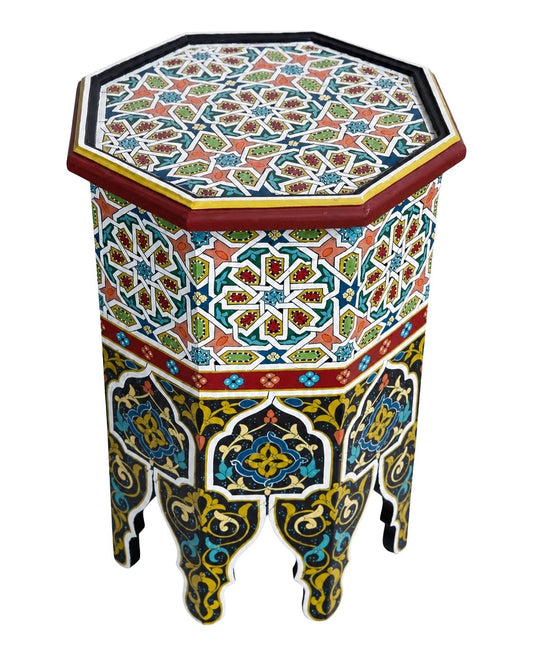 Moroccan side table with colorful geometric tabletop pattern 