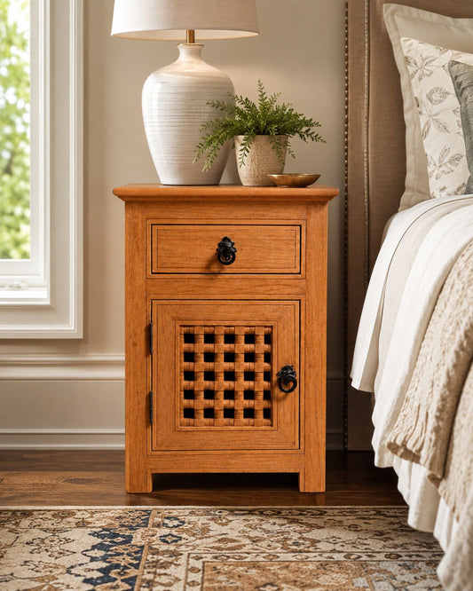 Natural wood Moroccan bedside table with black metal ring pulls 
