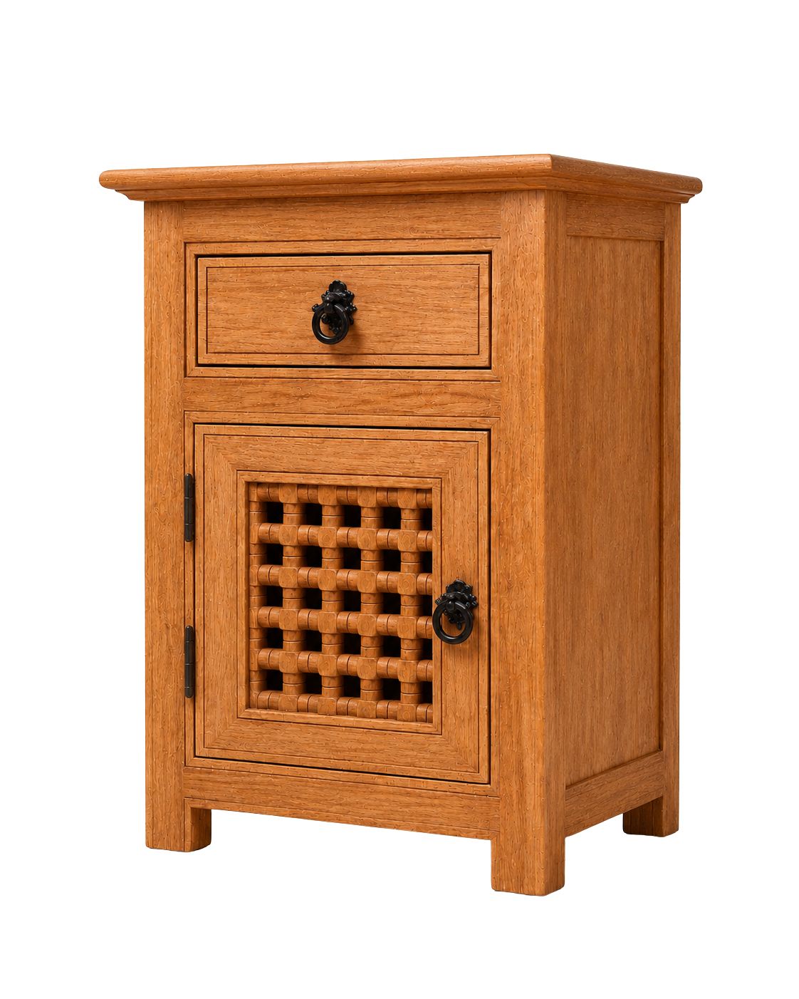 Moroccan boho nightstand beside a bed with lamp and plant decor 