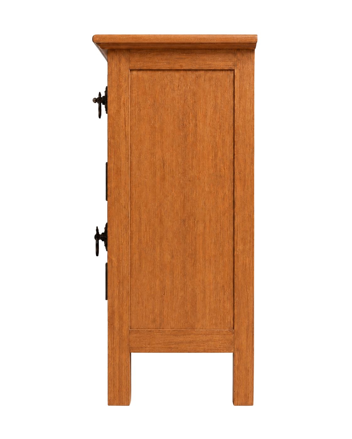 Front view of handmade wooden nightstand with woven lattice door 