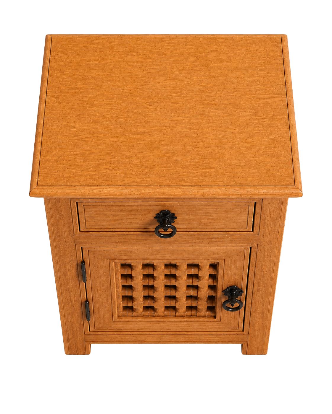 Side view of natural wood Moroccan storage cabinet nightstand 