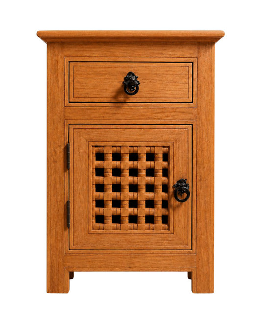 Handmade Moroccan wooden nightstand with drawer and lattice cabinet door 