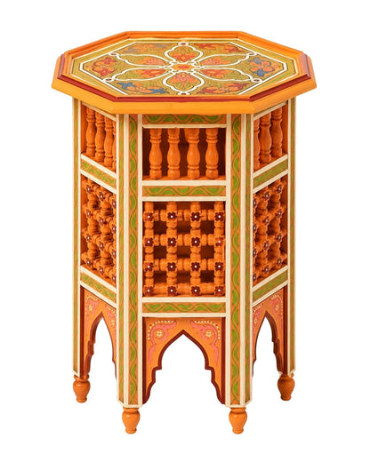 Orange Moroccan hand-painted octagonal side table with intricate moucharaby wood lattice paneling.