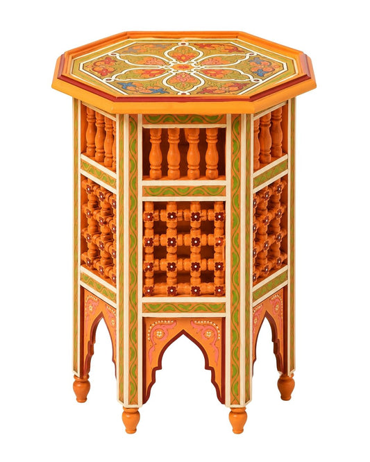 Orange Moroccan hand-painted octagonal side table with intricate moucharaby wood lattice paneling.