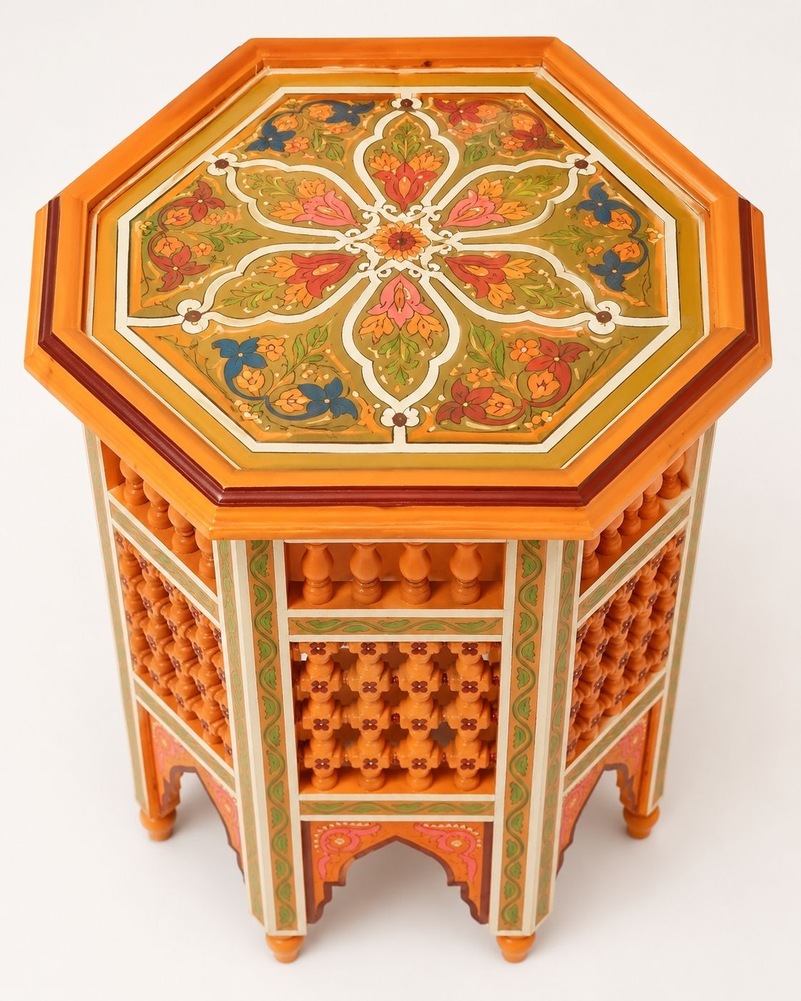Handmade boho wooden nightstand in warm mustard orange with floral hand-painted medallions.