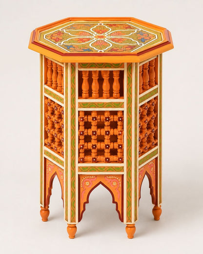 Colorful geometric eight-sided wooden side table for premium global home decor.