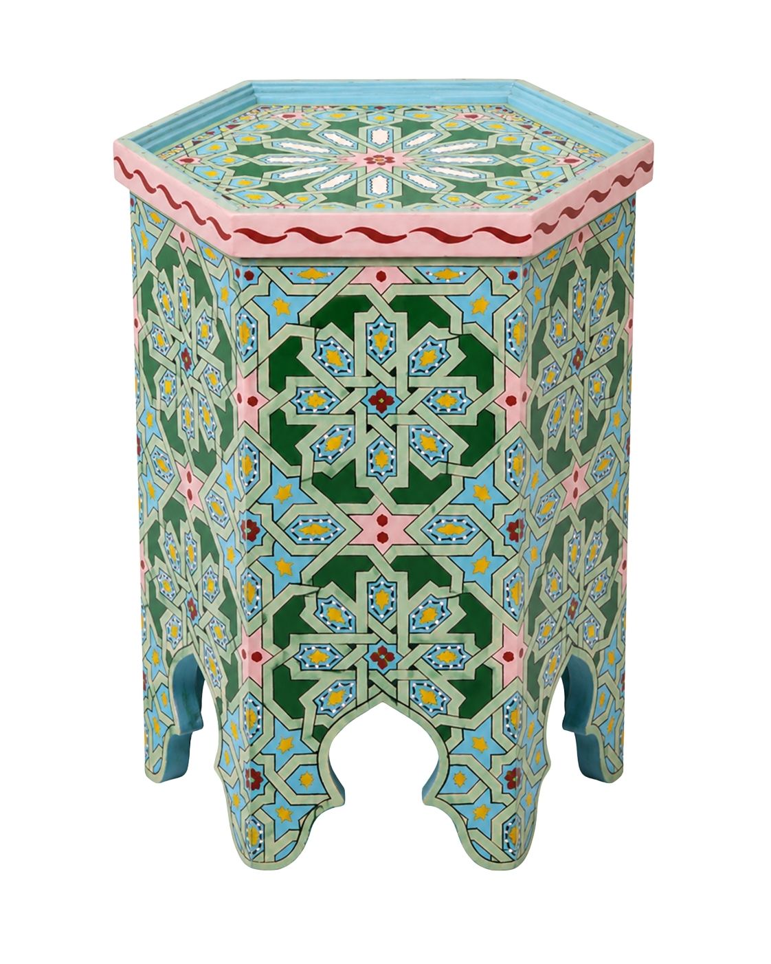 Pastel green Moroccan hand-painted hexagonal wooden side table 
