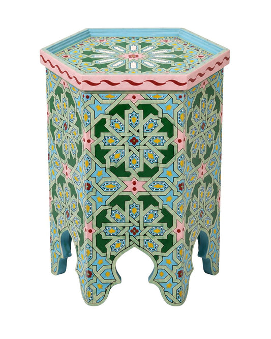 Pastel green Moroccan hand-painted hexagonal wooden side table 