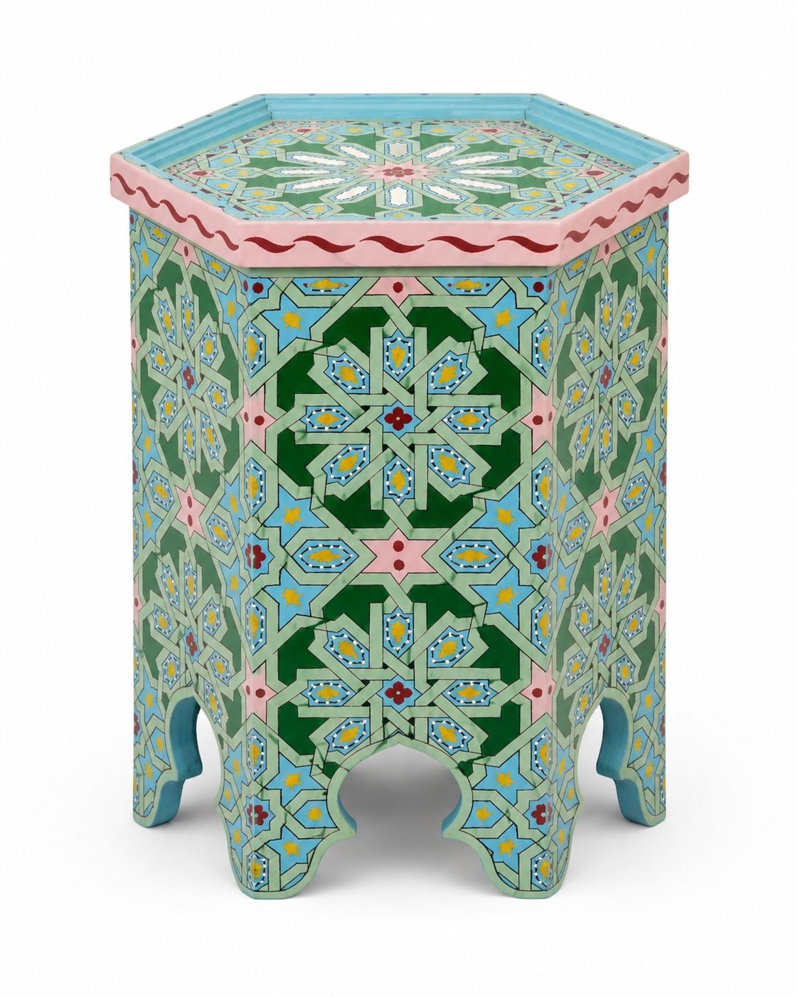 Pastel Moroccan accent table with pink and blue details 