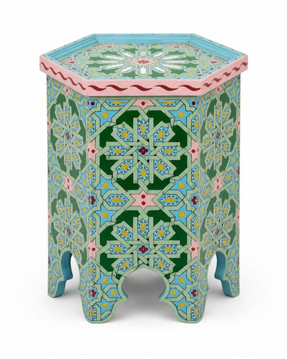 Pastel Moroccan accent table with pink and blue details 