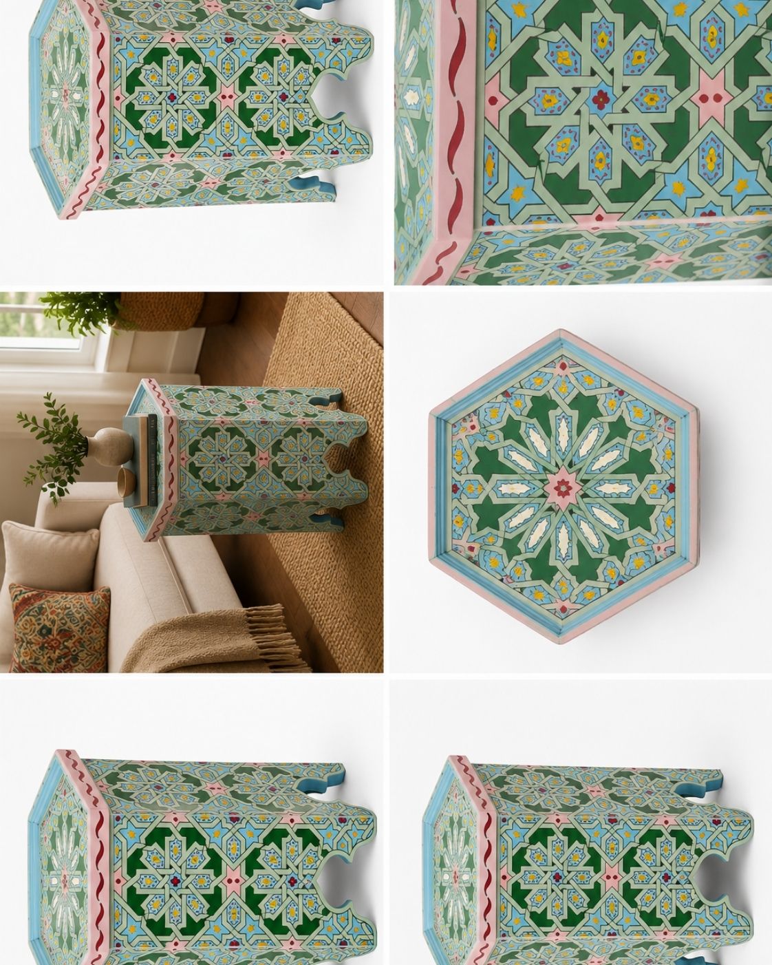 A collage showing multiple views of a hexagonal decorative stool with an intricate green, blue, pink, and white geometric tile pattern. One panel shows the stool in a living room setting on a sofa, while the others show detailed top-down and angled views against a white background.