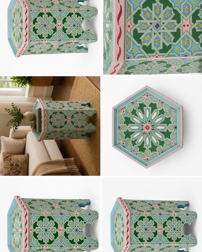 A collage showing multiple views of a hexagonal decorative stool with an intricate green, blue, pink, and white geometric tile pattern. One panel shows the stool in a living room setting on a sofa, while the others show detailed top-down and angled views against a white background.