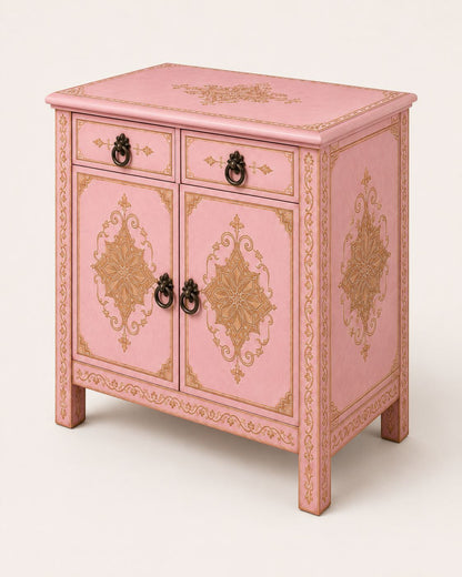 Blush-pink Moroccan accent cabinet with traditional gold motifs