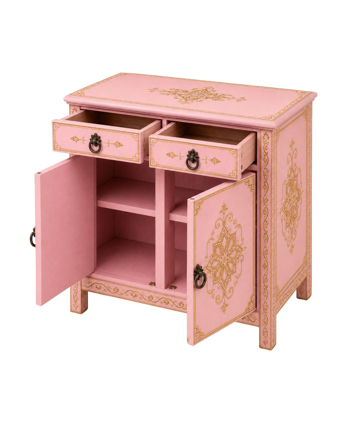 Pink cabinet with gold detailing on a white background