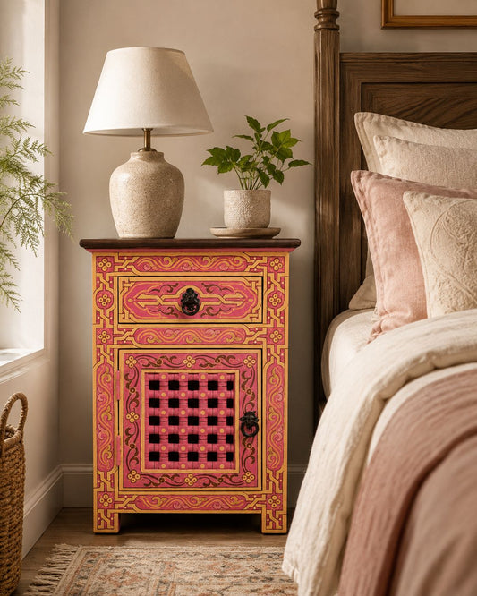 Handmade pink Moroccan bedside table with drawer and storage cabinet 